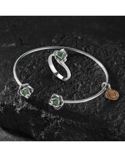 Unaloe Black Sterling Magnifica Open Bangle Bracelet With Natural Emerald – Handmade Italian Artisan Jewelry