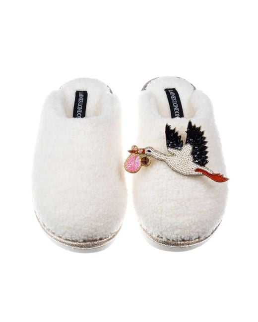 Laines London White Neutrals Cream Teddy Closed Toe Slippers With Baby Girl Stork Brooches