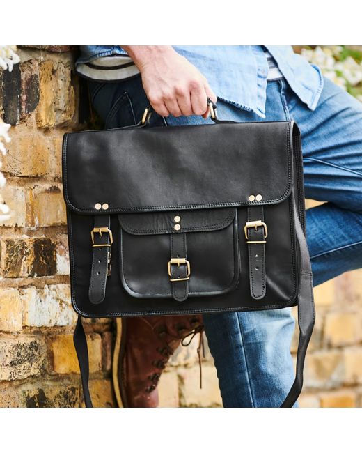 VIDA VIDA Black Leather Satchel Laptop Bag for men