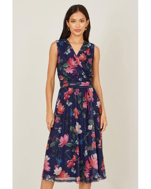 Yumi' Blue Blurred Floral Print Mesh Stretch Midi Dress With Pockets