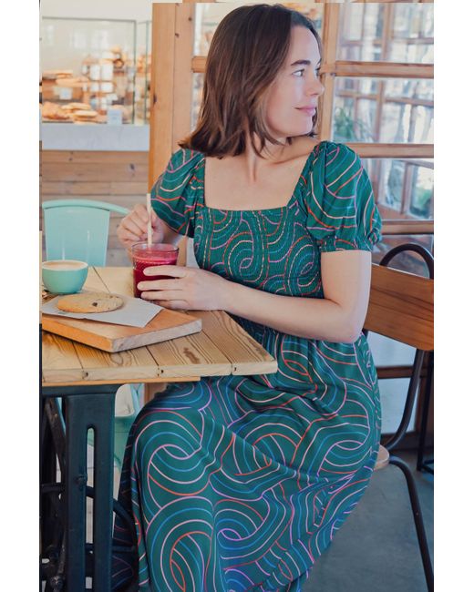 Sugarhill Blue Jolene Shirred Midi Dress, Concentric Circles