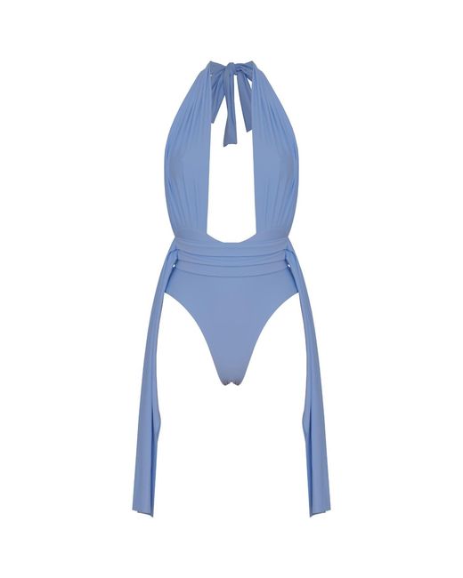 ANTONINIAS Blue Plonger Deep Plunge Halter Neck Swimsuit With Decorative Belt