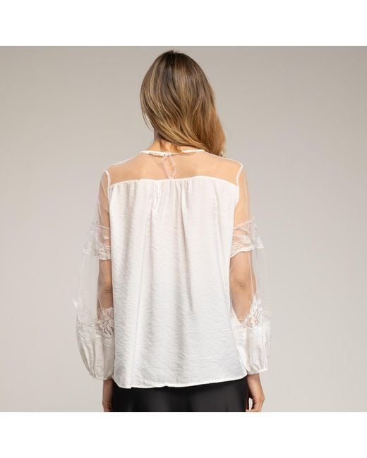 Tantra Spain Sl White Chiffon Blouse With Tulle Sleeves And Shoulders And Lace Details