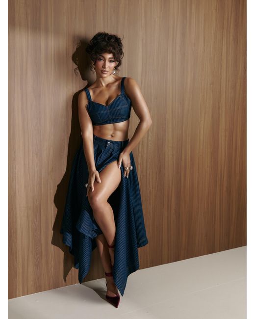 Ofuure Blue Denim Pinstripe Sabina Handkerchief Skirt