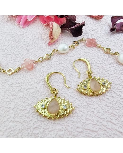 Farra Metallic Evil Eye Adorned Rose Quartz Stone Earrings