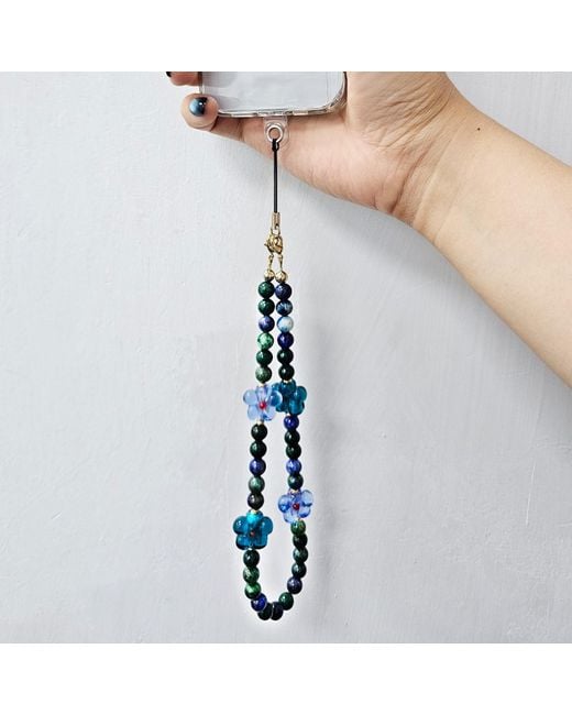 Farra Blue Phoenix Lapis Gemstone With Flowers Phone Semiprecious Stone Strap