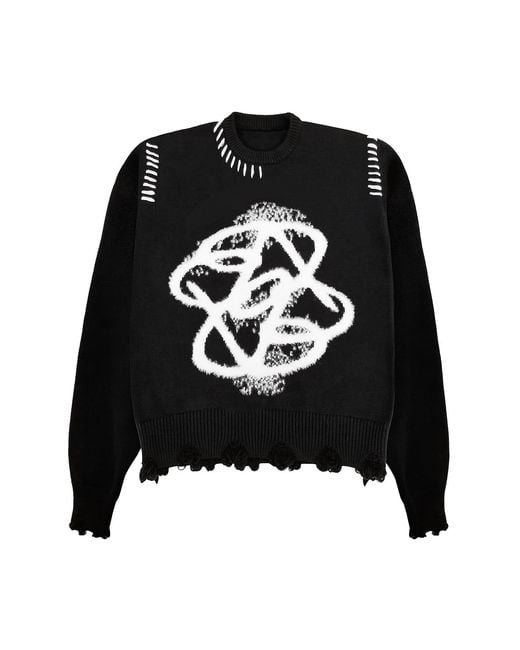 X Ilona Blue Black Legacy Logo Cotton Distressed Fuzzy Knit Raw Cut Sweater