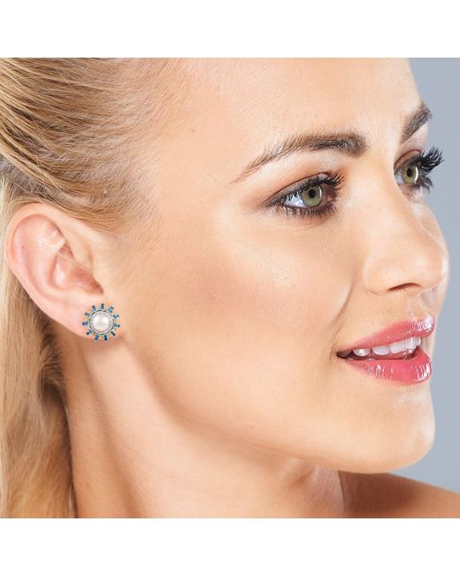 Artisan Blue 18K Pearl, Colored Diamond & Diamond Sunburst Stud Earrings