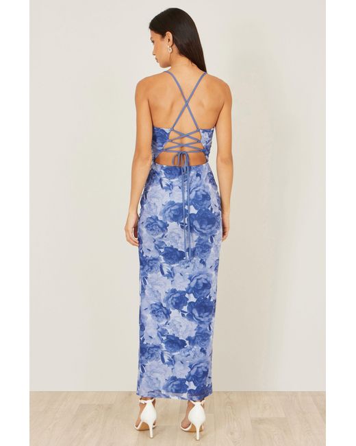 Yumi' Blue Mesh Ruched Midi Dress With Split
