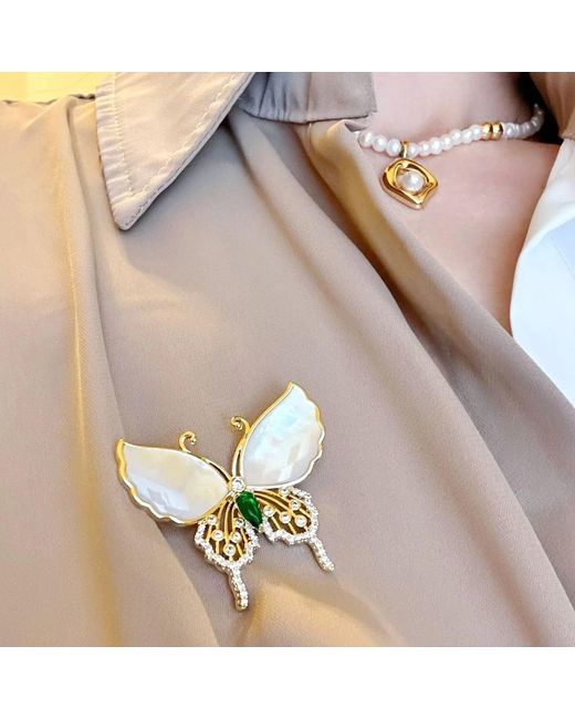 Angel Barocco Metallic Natural Shell Diamond Butterfly Brooch