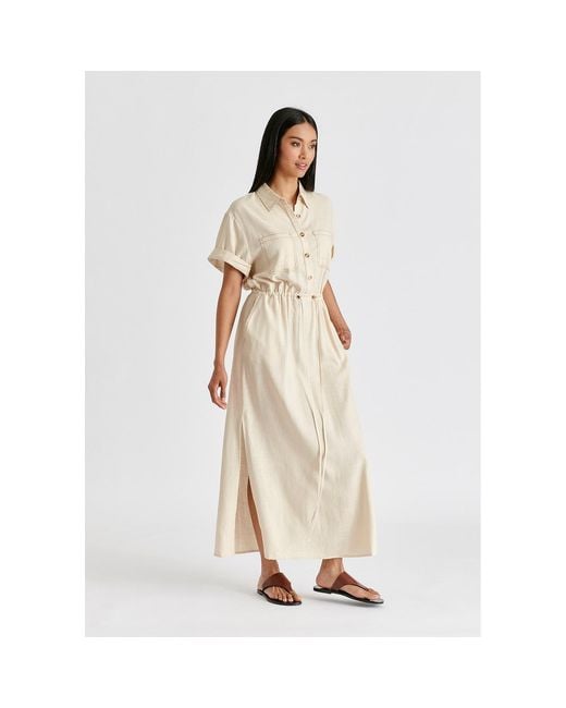 Paisie Natural Neutrals Linen Blend Shirt Dress With Stitch Details