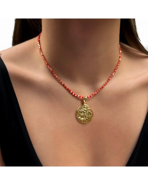 Ebru Jewelry Metallic Divine Energy Om Mantra Coral Red Beaded Necklace