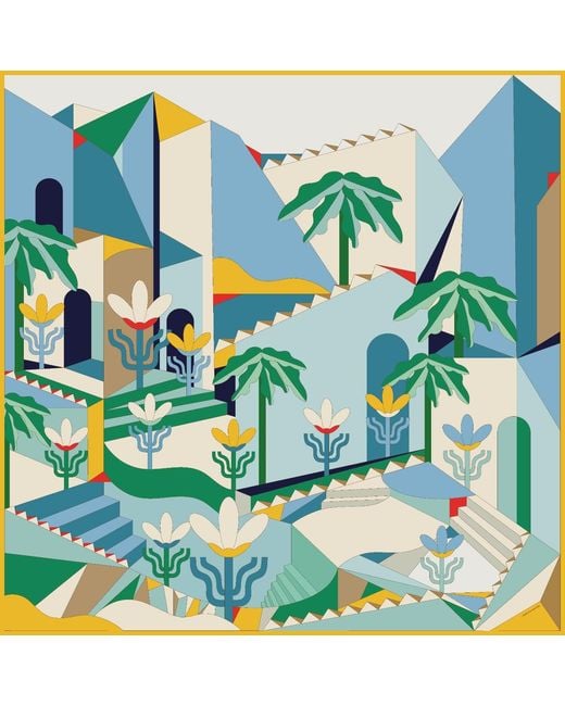 Jessie Zhao New York Blue Double Sided Silk Scarf Of Tropical Breeze