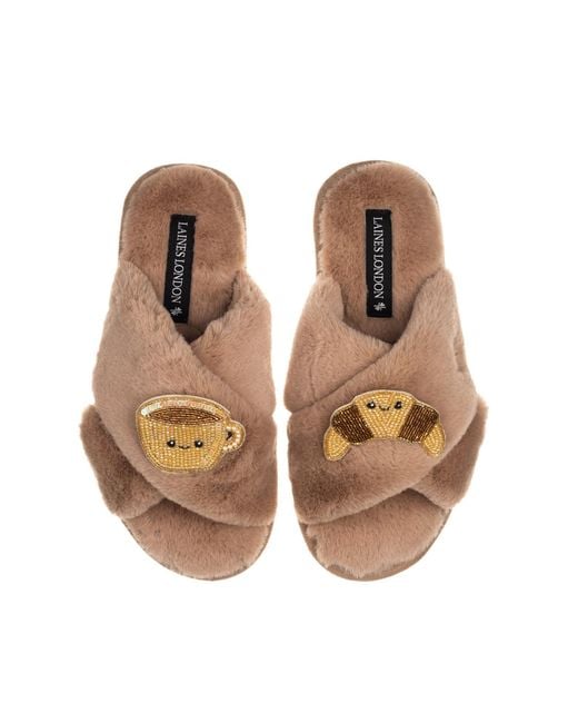 Laines London Brown Classic Slippers With Laines Lovables Coffee & Croissant Brooches