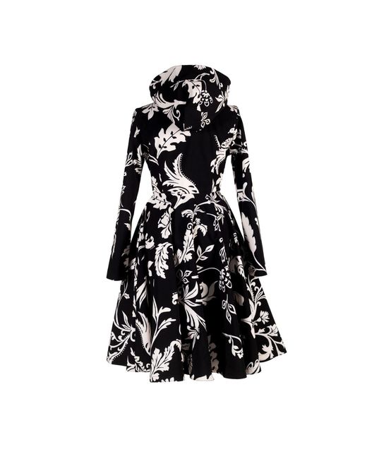 RainSisters Hooded Black And White Waterproof Women's Coat With Floral Print: Blooming Night