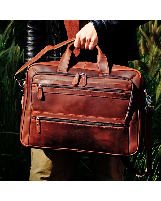 Touri Brown Genuine Leather Briefcase With Multiple Pockets for men
