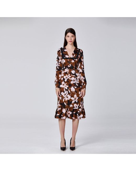 Smart and Joy Brown Ruffle Collar Macro Flower Print Dress
