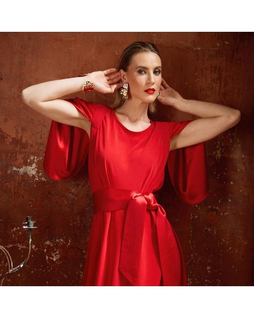 Monessa Joan Red Draped Dress With Detachable Sleeves