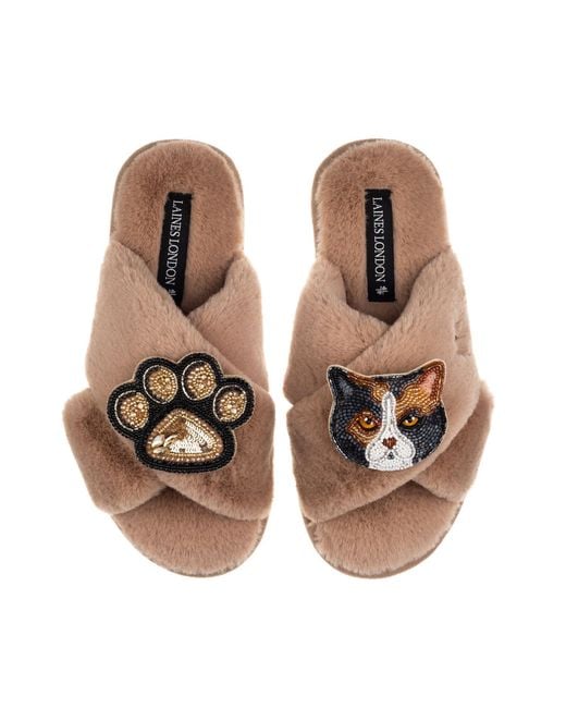 Laines London Brown Neutrals Classic Laines Slippers With Paw & British Shorthair Cat Brooches