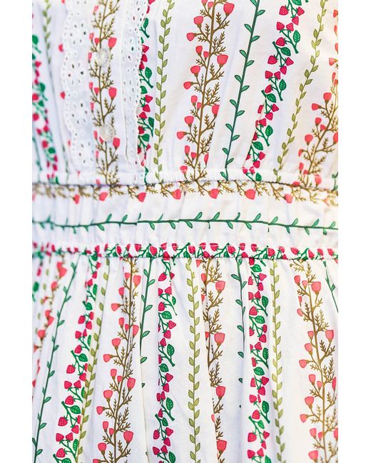Yumi' White Botanical Stripe Midi Dress With Lace Trims