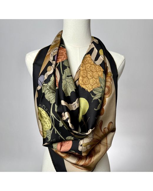 Wenzi Metallic Neutrals Fruitful Elegance Sand Hand Painted Pattern Double Sided Silk Twill Scarf