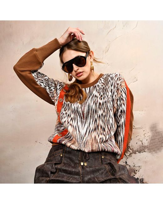 Lalipop Design Brown Animal Print Knit Sweatshirt With Button Detail