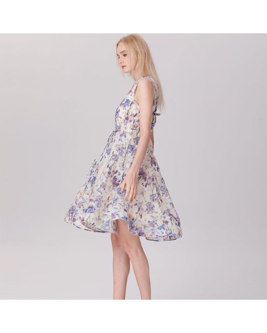 Smart and Joy Multicolor Neutrals Flower Print Sleeveless Tea Organza Dress