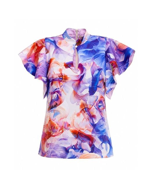 Julia Allert Blue Stand Collar Ruffle Sleeve Blouse – Fish Print