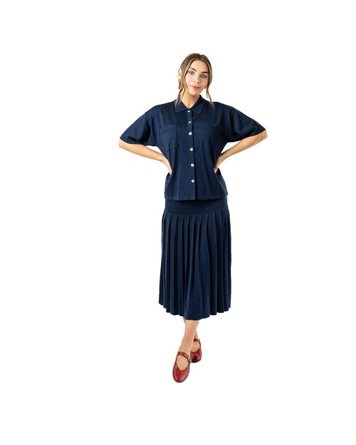 Zenzee Blue Silk Cashmere Pleated Skirt