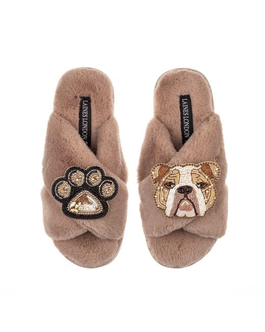 Laines London Brown Classic Laines Slippers With Mr Beefy The Bulldog & Paw Brooches