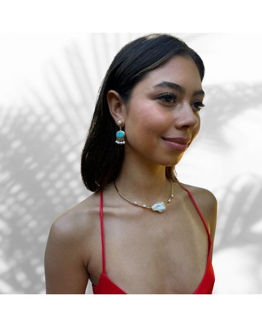 Ebru Jewelry Blue Cleopatra Pearl & Turquoise Stone Tassel Earrings