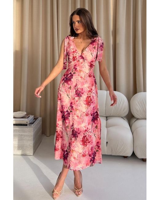 Girl In Mind Pink Beverly Floral Tie Shoulder Midi Dress