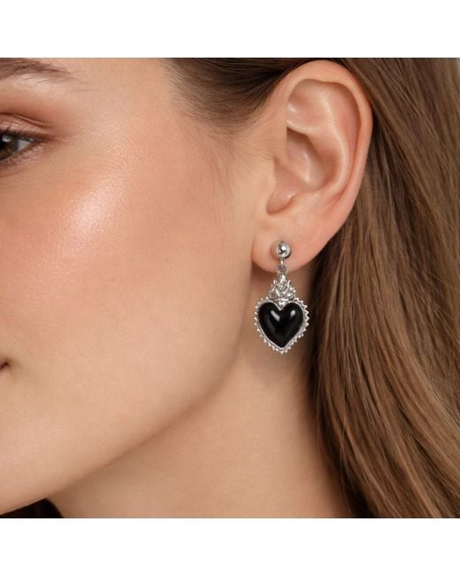 Unaloe Black Earrings With Heart Pendant– Sacred Heart Style, Handmade Jewelry, Elegant Earrings For