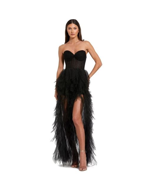 Mac Duggal Black Strapless Bustier Gown With Spiral Ruffles
