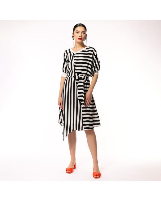 Larisa Dragna Black Asymmetric Midi Stripe Dress