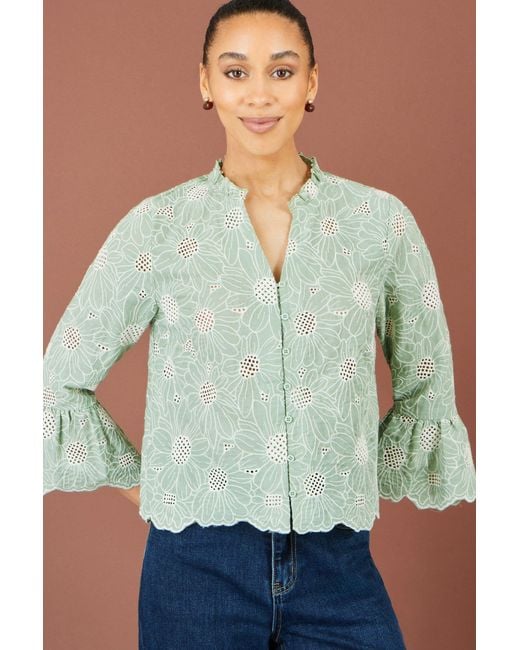 Yumi' Green Daisy Broderie Shirt With Fluted Sleeves