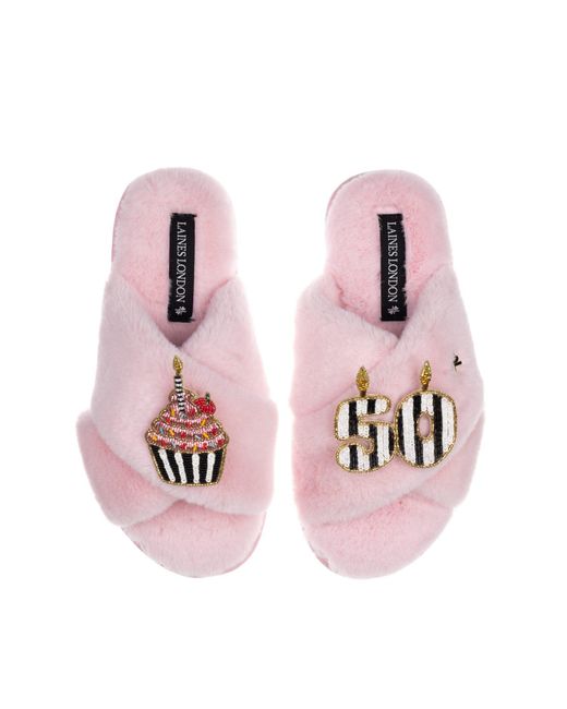 Laines London Pink Classic Laines Slippers With Stripe 50Th Birthday & Cake Brooches