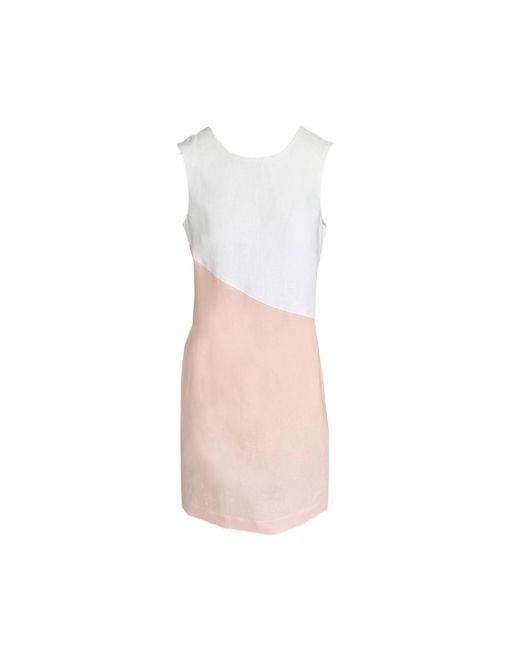 Haris Cotton White Two Colored Knee Length Linen Sleeveles Dress