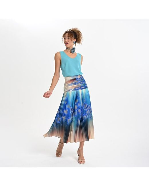 Lalipop Design Blue Abstract Floral Pleated Midi Skirt