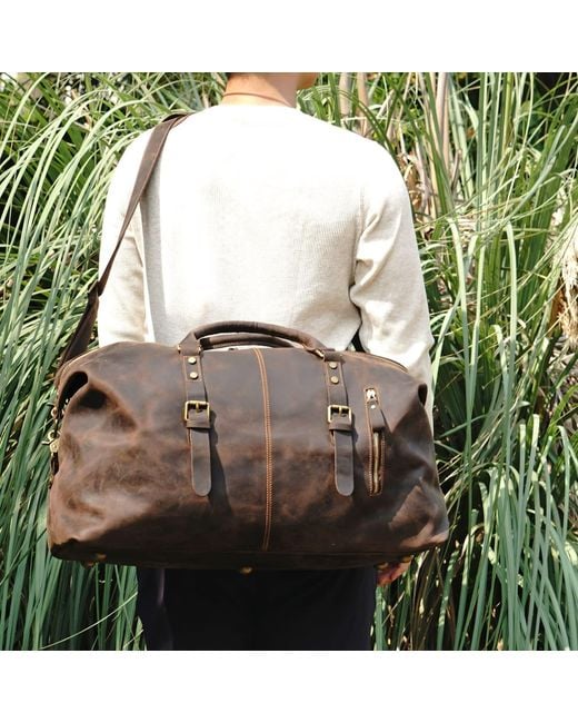 Touri Brown Zip Detail Genuine Leather Holdall Weekender for men