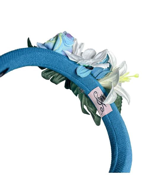 Natalia Petruch Blue Liora Striped Velvet Flower Headband – Small & Faux Flowers, Handmade Delicate Statement Hair Accessory