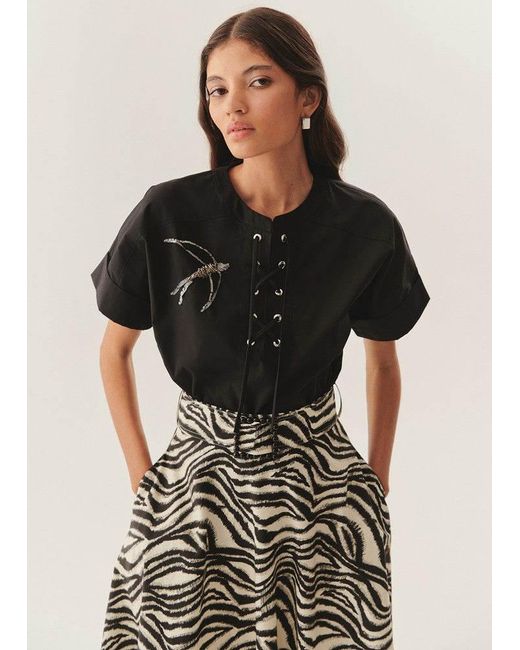 Exquise Black Celeste Blouse Embellished Lace-Up Cotton Blouse
