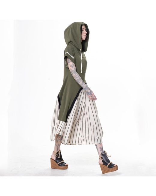 Metamorph Green Hooded Asymmetric Dress With Striped Skirt