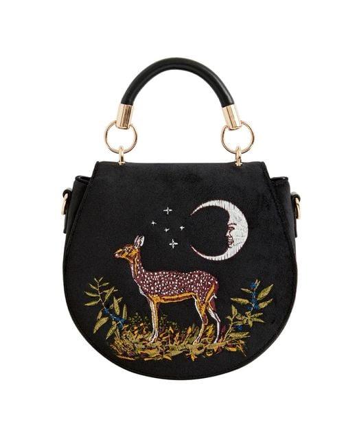 Fable England Black Fable Deer & Moon Embroidered Saddle Bag Velvet