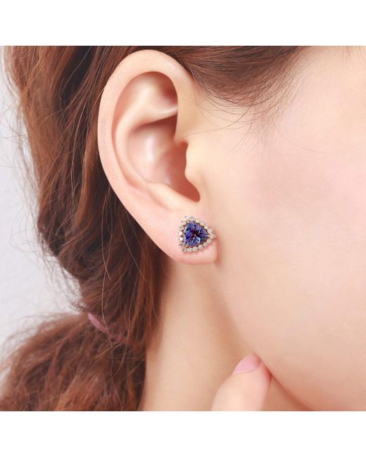 Artisan Blue Natural Tanzanite Trillion Stud Earrings 18k Rose Gold Diamond