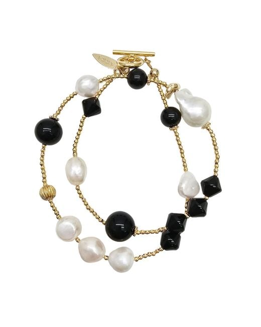 Farra Metallic Obsidian And Pearls Double Layers Bracelet Or Choker