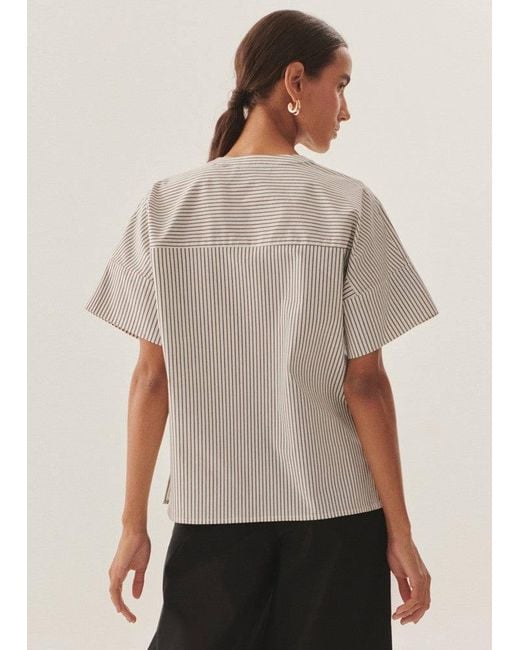 Exquise Gray Relaxed Striped Eyelet Lace-Up Blouse