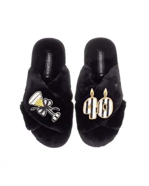 Laines London Black Classic Laines Slippers With Stripe 40Th Birthday & Glass Of Champagne Brooches