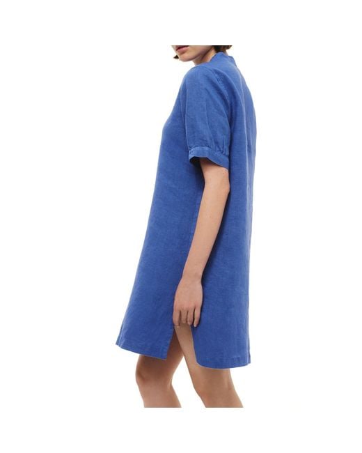 Haris Cotton Blue Mandarin Neck Linen Cami Dress With Flutter Sleeves
