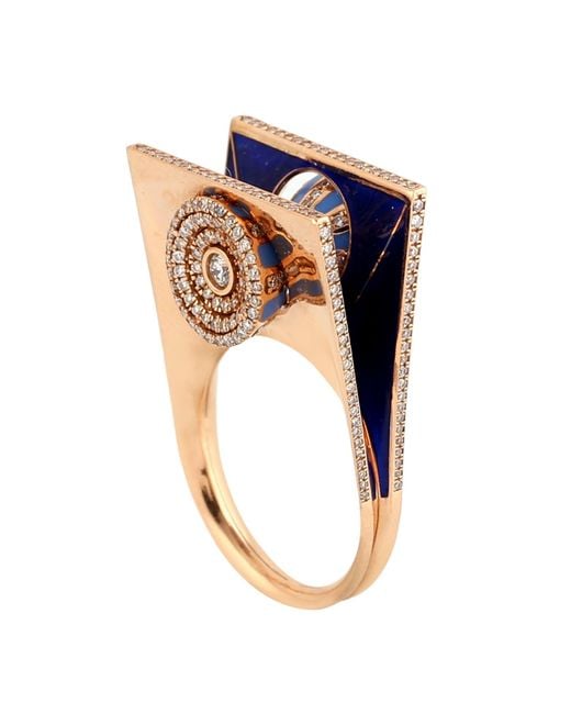 Artisan Blue 18k Rose Gold With Natural Diamond Pave Asymmetric Enamel Ring